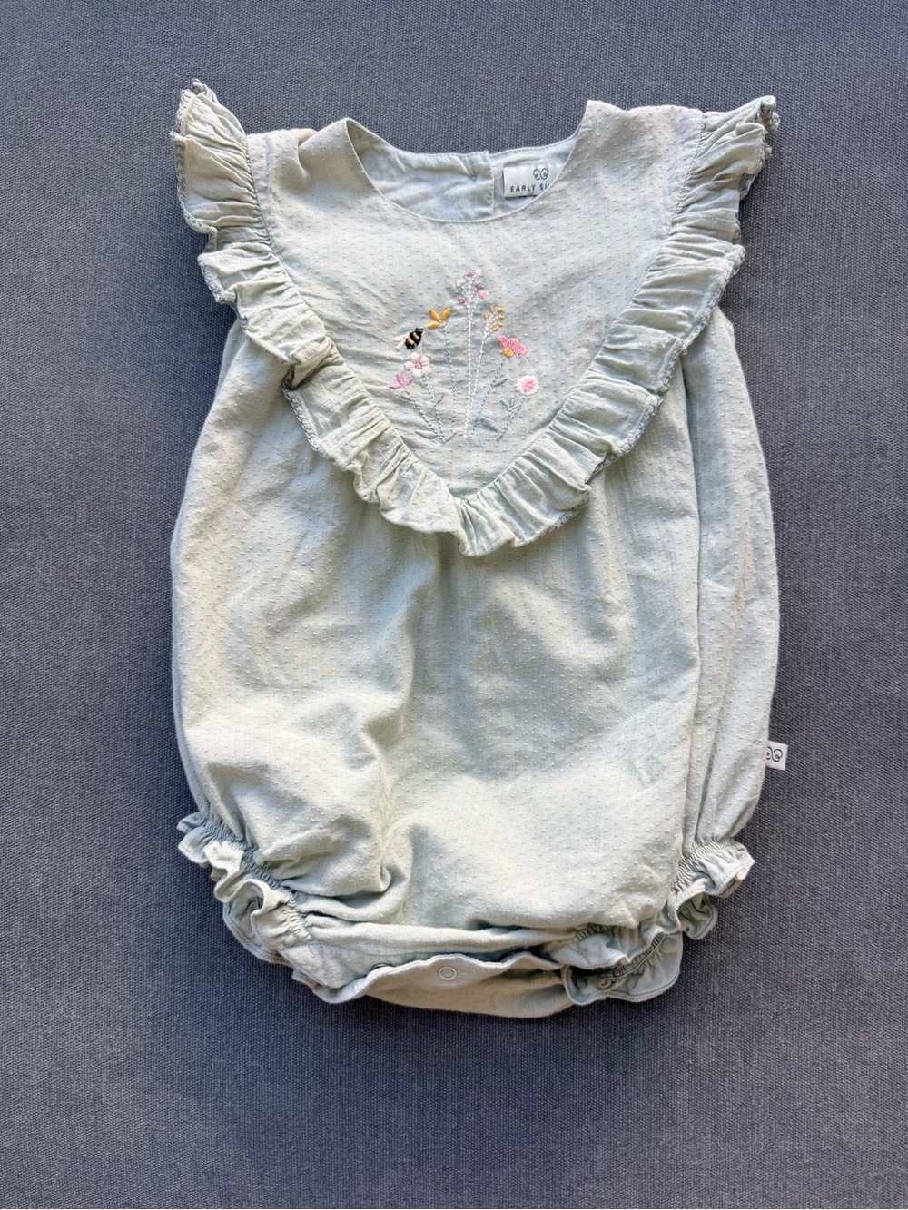 Early Sunday Embroidered Bubble Romper in Pale Sage | seize 12-18M